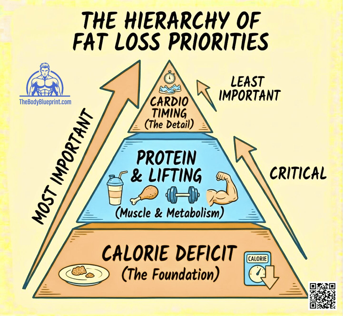 Diagram of the Hierarchy of Fat Loss Priorities pyramid. The base is Calorie Deficit (The Foundation), the middle is Protein & Lifting (Muscle & Metabolism), and the peak is Cardio Timing (Least Important Detail).