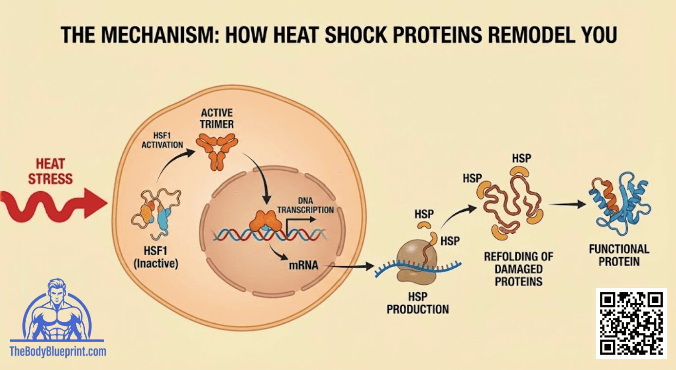 Diagram illustrating the Heat Shock Protein (HSP) mechanism: Heat Stress activates HSF1 (Inactive) into an Active Trimer, which initiates DNA Transcription to produce mRNA. This leads to HSP Production, which then facilitates the Refolding of Damaged Proteins into a Functional Protein.
