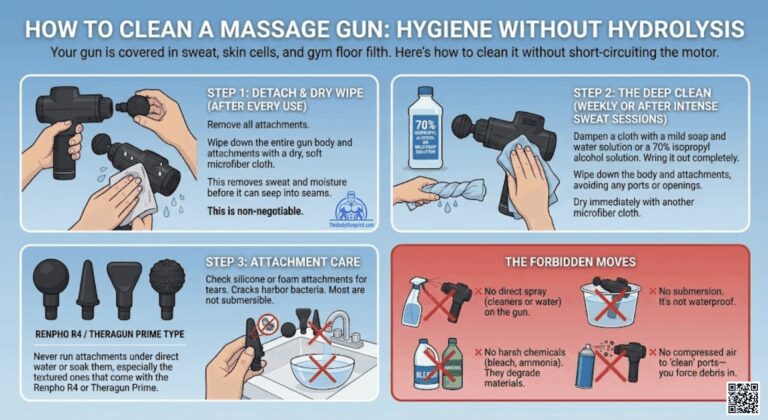 Infographic titled 'HOW TO CLEAN A MASSAGE GUN: HYGIENE WITHOUT HYDROLYSIS'. It details a 3-step process: 1) Detach & dry wipe after every use. 2) Deep clean weekly with a cloth dampened with mild soap or 70% isopropyl alcohol. 3) Do not submerge attachments. A 'Forbidden Moves' section warns against direct spray, submersion, harsh chemicals, and compressed air.