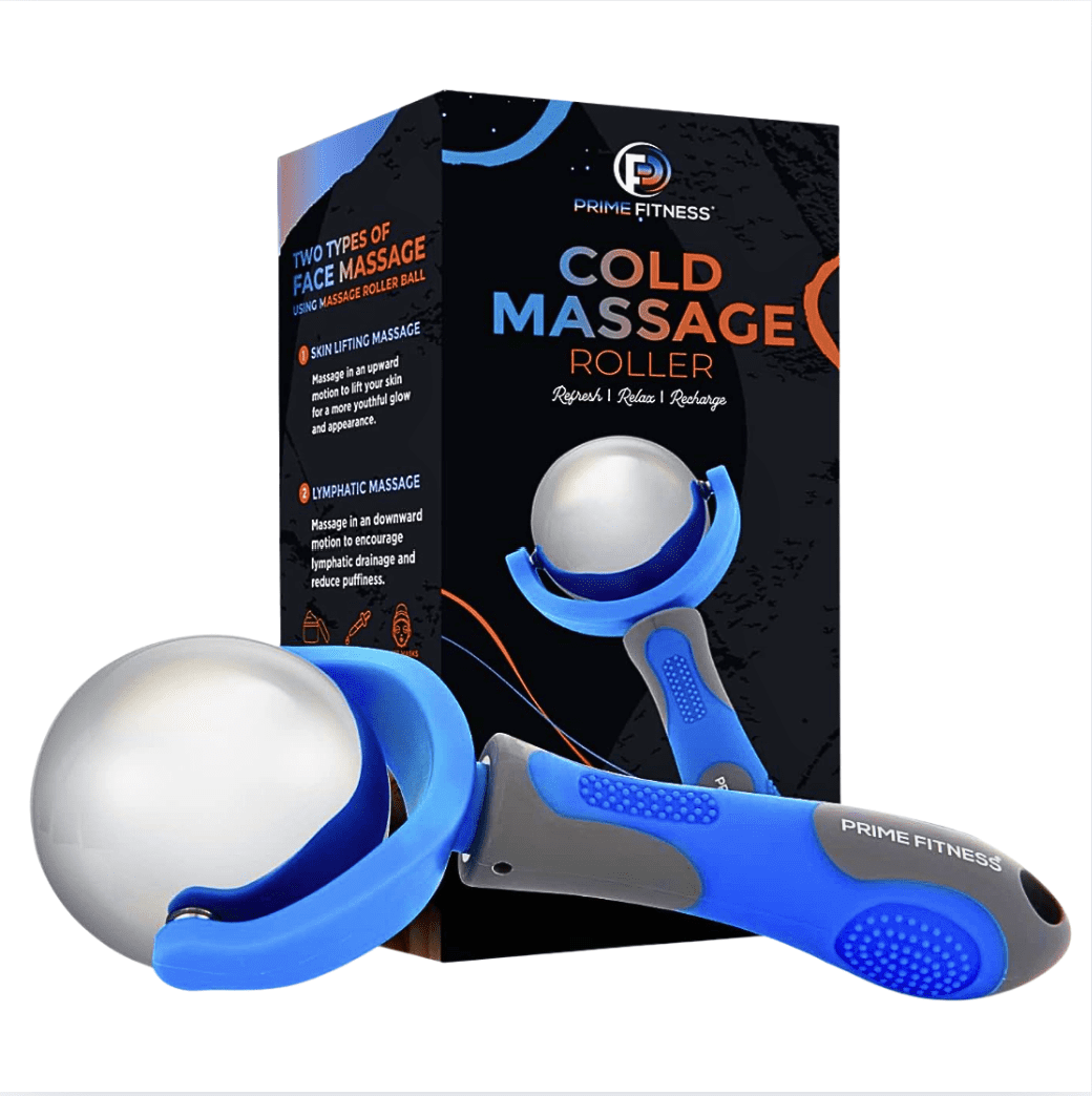 Product image of the Prime Fitness Cold Massage Roller demonstrating a stainless steel cryo-sphere for localized cold therapy and a high-friction ergonomic grip designed for deep tissue myofascial release and lymphatic drainage.