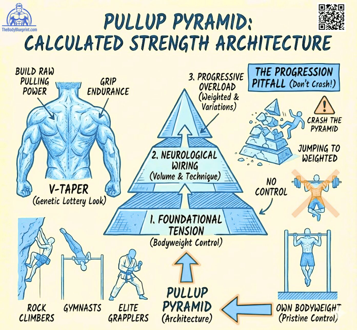 Diagram showing the Pullup Pyramid: Calculated Strength Architecture, detailing the three levels: 1. Foundational Tension (Bodyweight Control), 2. Neurological Wiring (Volume & Technique), and 3. Progressive Overload (Weighted & Variations), for building Raw Pulling Power and a V-Taper.
