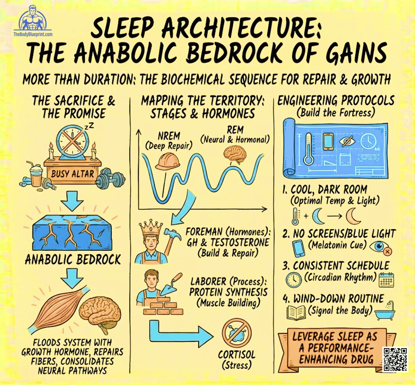 Infographic explaining sleep architecture as the anabolic bedrock for muscle gains, detailing NREM (deep repair) and REM (hormonal) stages. Sleep releases Growth Hormone (GH) and Testosterone and suppresses Cortisol (stress). Includes engineering protocols: cool dark room, no blue light, consistent schedule, and a wind-down routine.