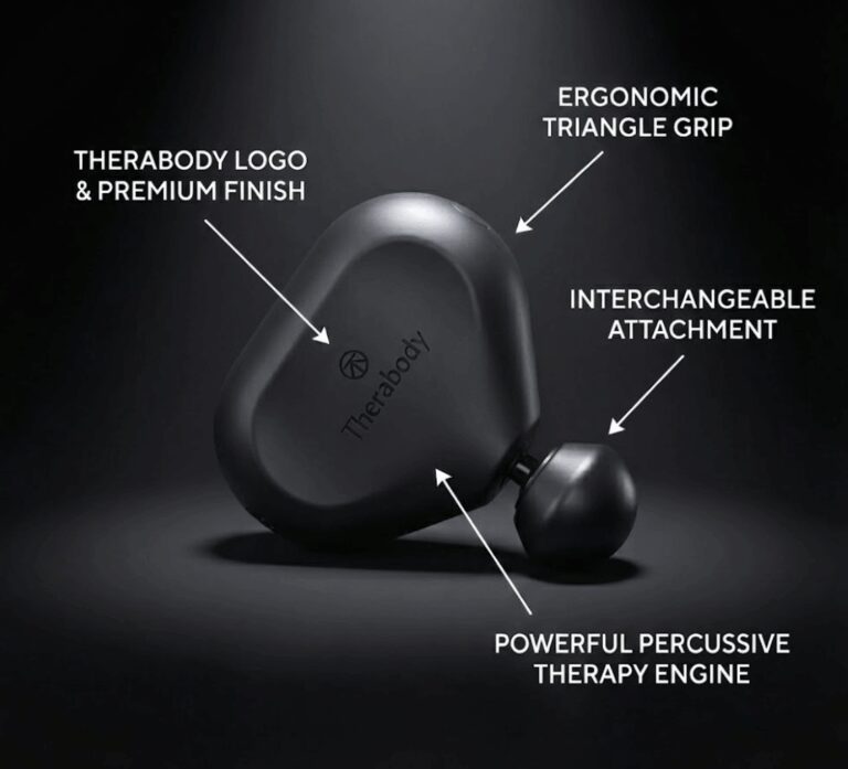 Close-up shot of the matte black Therabody percussive therapy device, highlighting the ergonomic triangle grip, powerful percussive engine, and interchangeable attachment for deep tissue massage.