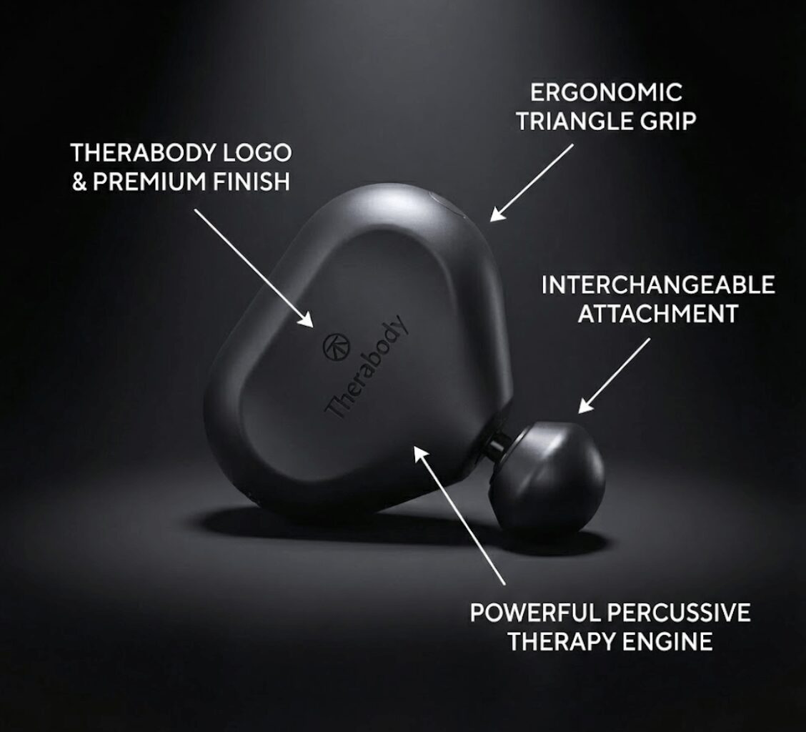Close-up shot of the matte black Therabody percussive therapy device, highlighting the ergonomic triangle grip, powerful percussive engine, and interchangeable attachment for deep tissue massage.
