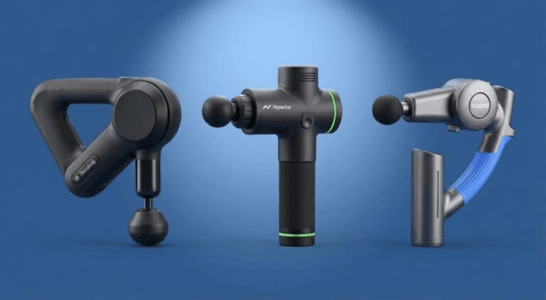 Three massage guns arranged side-by-side against a blue background: The triangular Theragun Prime (left), the T-shaped Hypervolt 2 Pro (center), and the adjustable arm Renpho R4 (right).