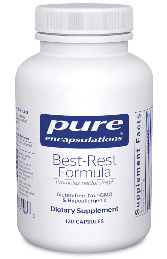 Technical view of the Pure Encapsulations Best-Rest Formula label, detailing the 120-capsule count and its specific 2-capsule serving of melatonin, GABA, and L-theanine as a benchmark for professional-grade sleep aid reviews.