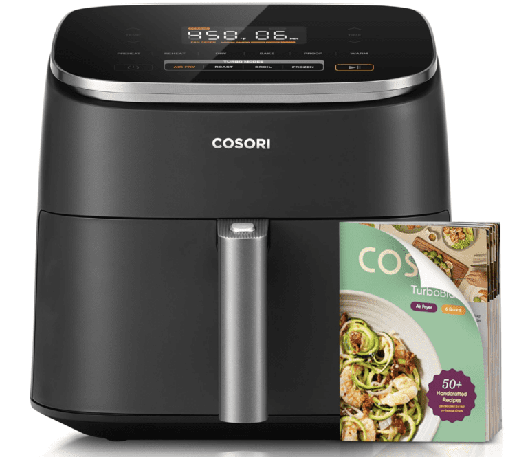 Featured product shot of the Cosori TurboBlaze 6-Quart Air Fryer, highlighting its matte black finish, digital control panel set to 450°F, and an included book of over 50 handcrafted recipes for a technical performance review.