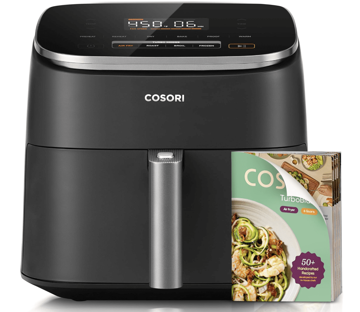 Cosori TurboBlaze 9-in-1 Air Fryer Oven with digital display, showing large square basket and cyclonic fan design for fast crispy cooking