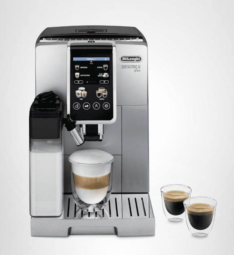 Front view of the silver De'Longhi Dinamica Plus automatic espresso machine featuring its 3.5-inch color touch display, integrated milk carafe, and dual espresso spouts.