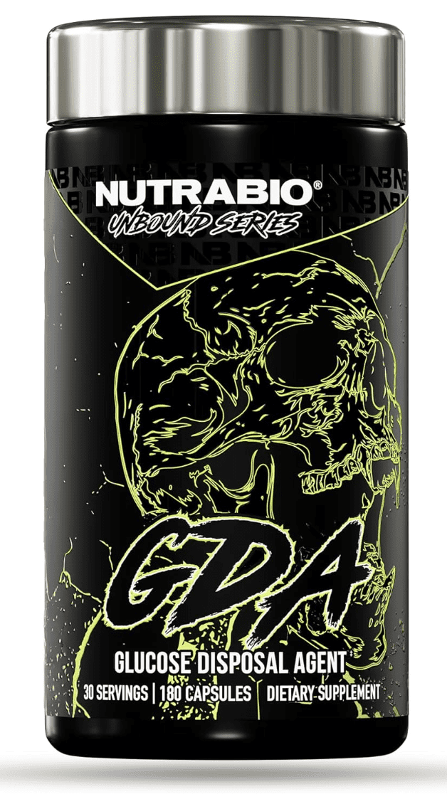 Featured product shot of the NutraBio Unbound Series GDA, showcasing the black and neon-green skull design, 180-capsule count, and 30-serving supply for advanced glucose disposal and insulin sensitivity support.