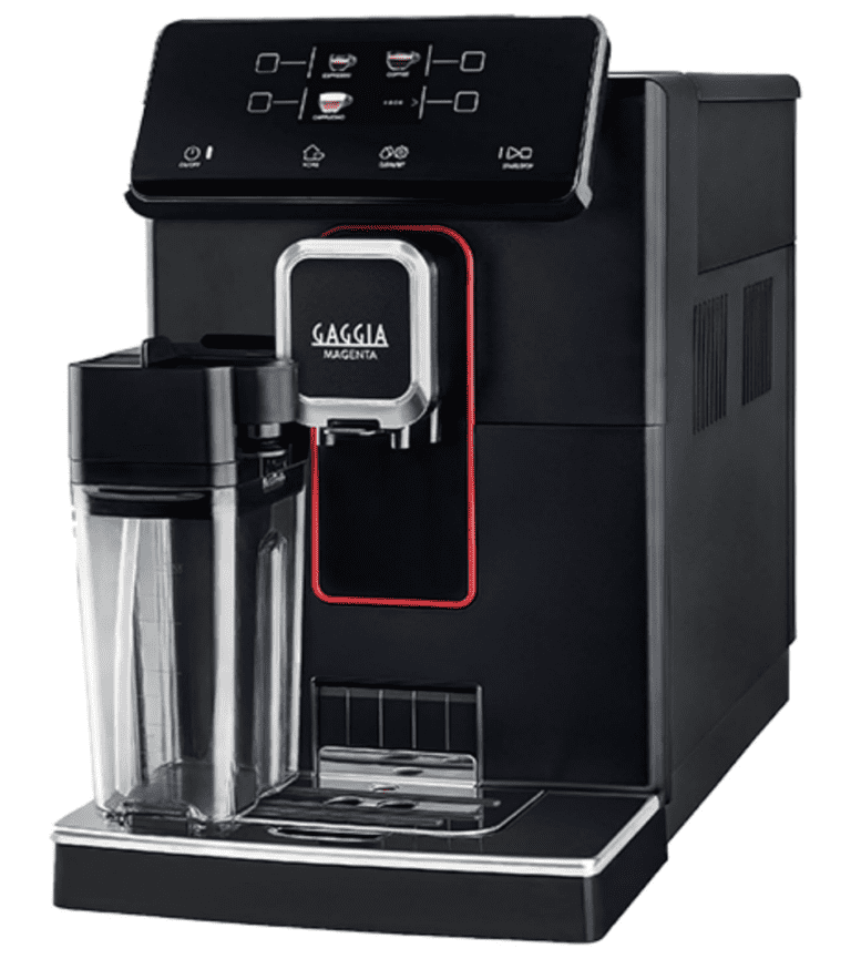 Front view of the Gaggia Anima Prestige automatic espresso machine featuring its brushed stainless steel front, LCD display, and integrated 0.5L milk carafe.