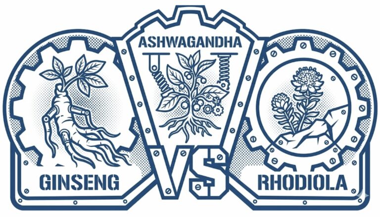 Featured technical infographic for an adaptogen comparison article, showcasing stylized mechanical diagrams of Korean Ginseng, Ashwagandha, and Rhodiola Rosea integrated with gear-driven symbols to represent biological performance testing.