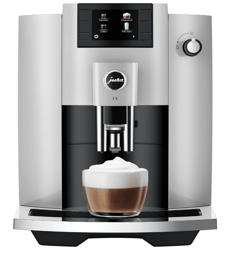 Front view of the Jura E6 Platinum automatic coffee machine featuring its 2.8-inch color display, 6 selector buttons, and Easy Cappuccino system.