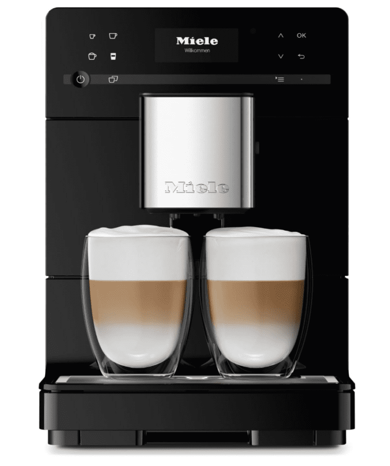 Front view of the Miele CM5310 Silence in Obsidian Black featuring its DirectSensor touch display, height-adjustable spouts, and dual latte macchiatos.
