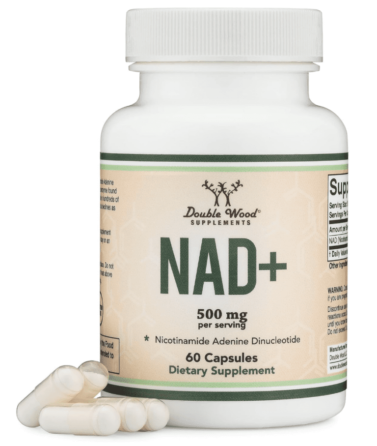 Featured product shot of Double Wood NAD+ (Nicotinamide Adenine Dinucleotide) 60-capsule bottle, showcasing the 500mg per serving dosage for an in-depth cellular health and longevity supplement review.