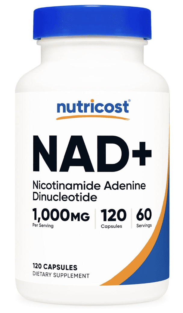 A professional product showcase of Nutricost NAD+, featuring a 120-capsule bottle with 1,000mg per serving and 60 total servings for a technical review of high-potency nicotinamide adenine dinucleotide for healthy aging and energy.