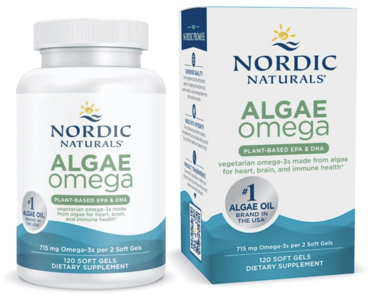 Technical shot of a bottle and box of Nordic Naturals Algae Omega, a plant-based EPA and DHA supplement made from algae, providing 715mg of Omega-3s per 2 softgel serving.