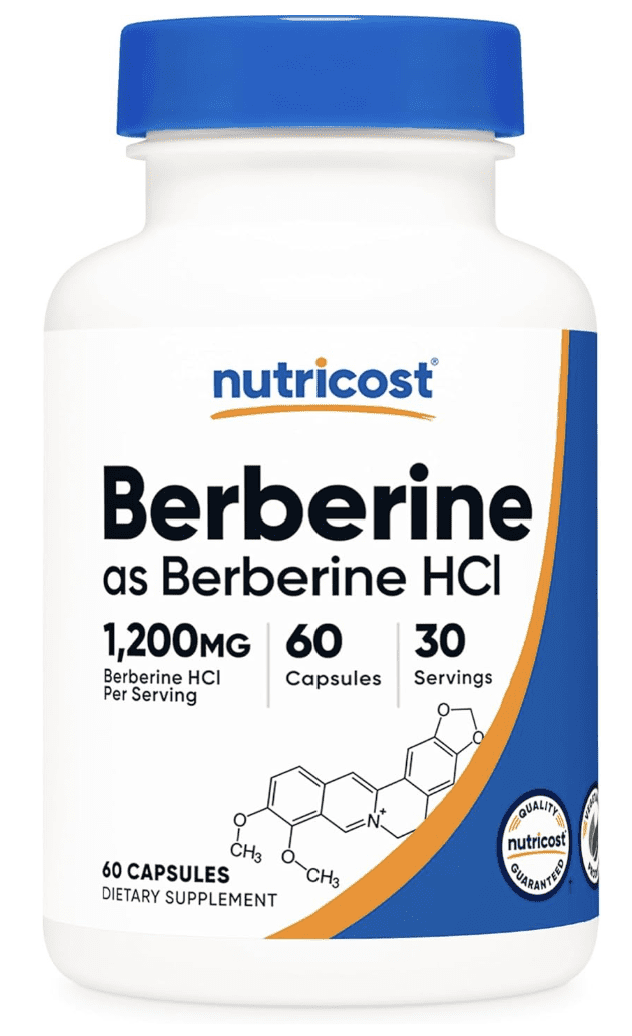 Featured product shot of a 60-capsule bottle of Nutricost Berberine as Berberine HCl, highlighting the 1,200mg dosage per serving and the Nutricost Quality Guaranteed seal for metabolic and glucose management.