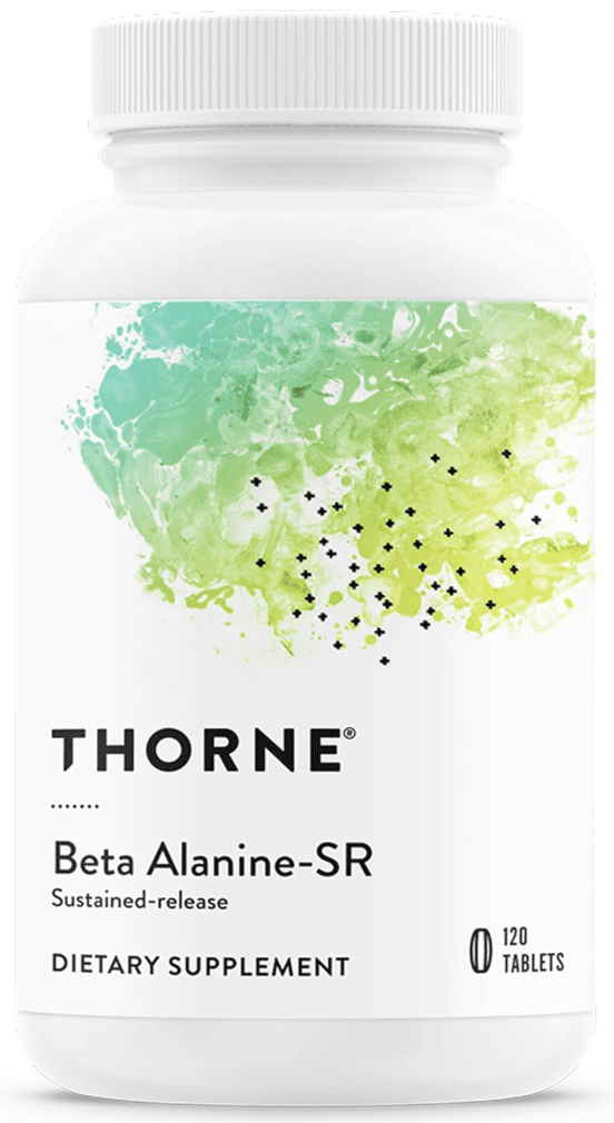 Featured product shot of Thorne Beta Alanine-SR 120-tablet bottle, highlighting its PureTab® sustained-release technology designed to increase muscle carnosine and buffer lactic acid while minimizing the tingling sensation.
