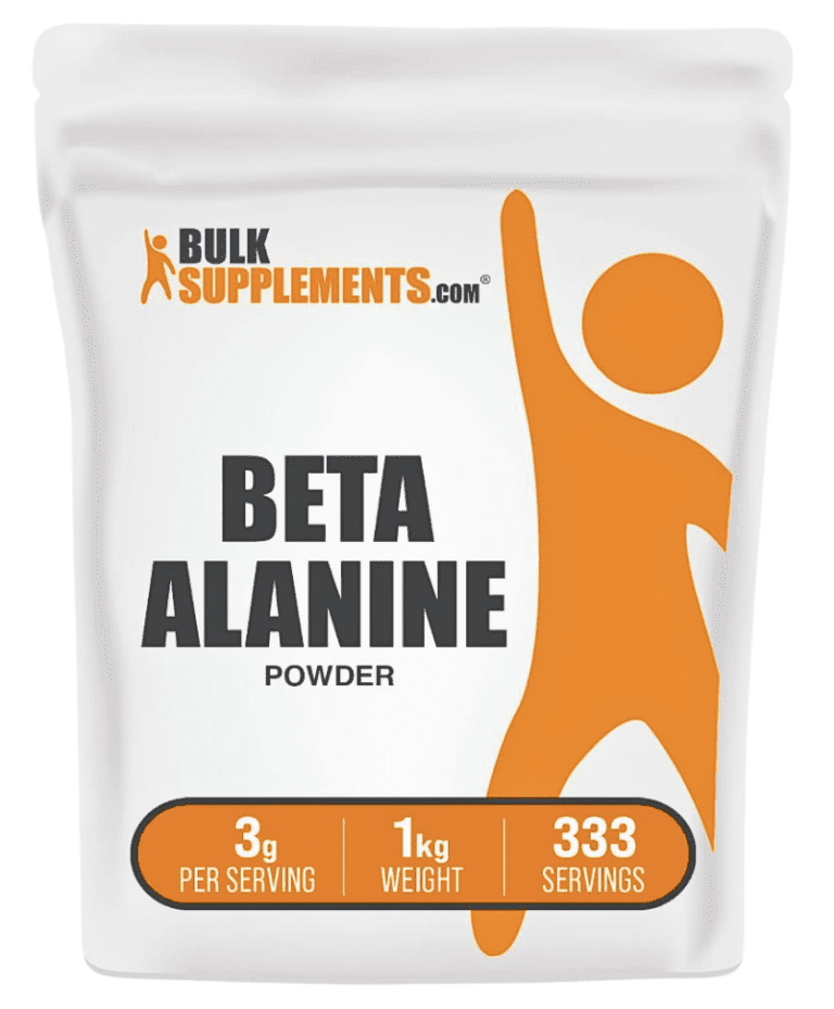 Featured product shot of a 1kg bag of BulkSupplements.com Beta Alanine powder, highlighting the 3g per serving dosage and 333 total servings designed for lactic acid buffering and peak athletic performance.