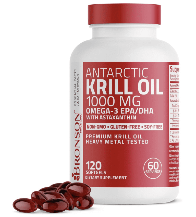 A bottle of Bronson Antarctic Krill Oil 1000mg with 120 softgels, featuring Omega-3 EPA and DHA with Astaxanthin, Non-GMO, and heavy metal tested.