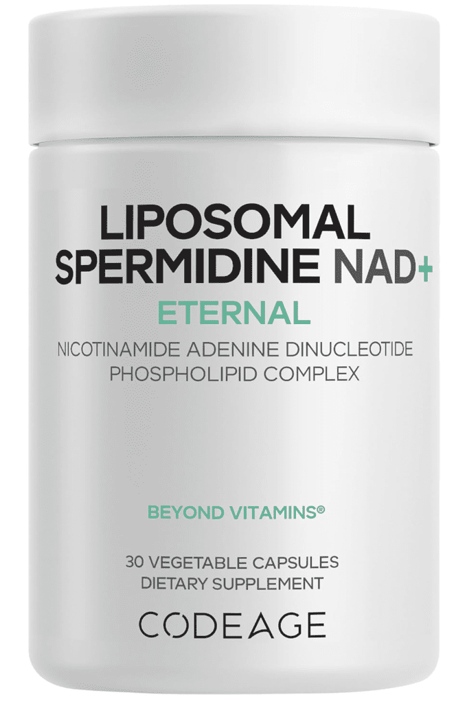 A bottle of Codeage Liposomal Spermidine NAD+ Eternal, a cellular wellness supplement with 500mg NAD+, 10mg spermidine, and 90mg Vitamin C per serving.