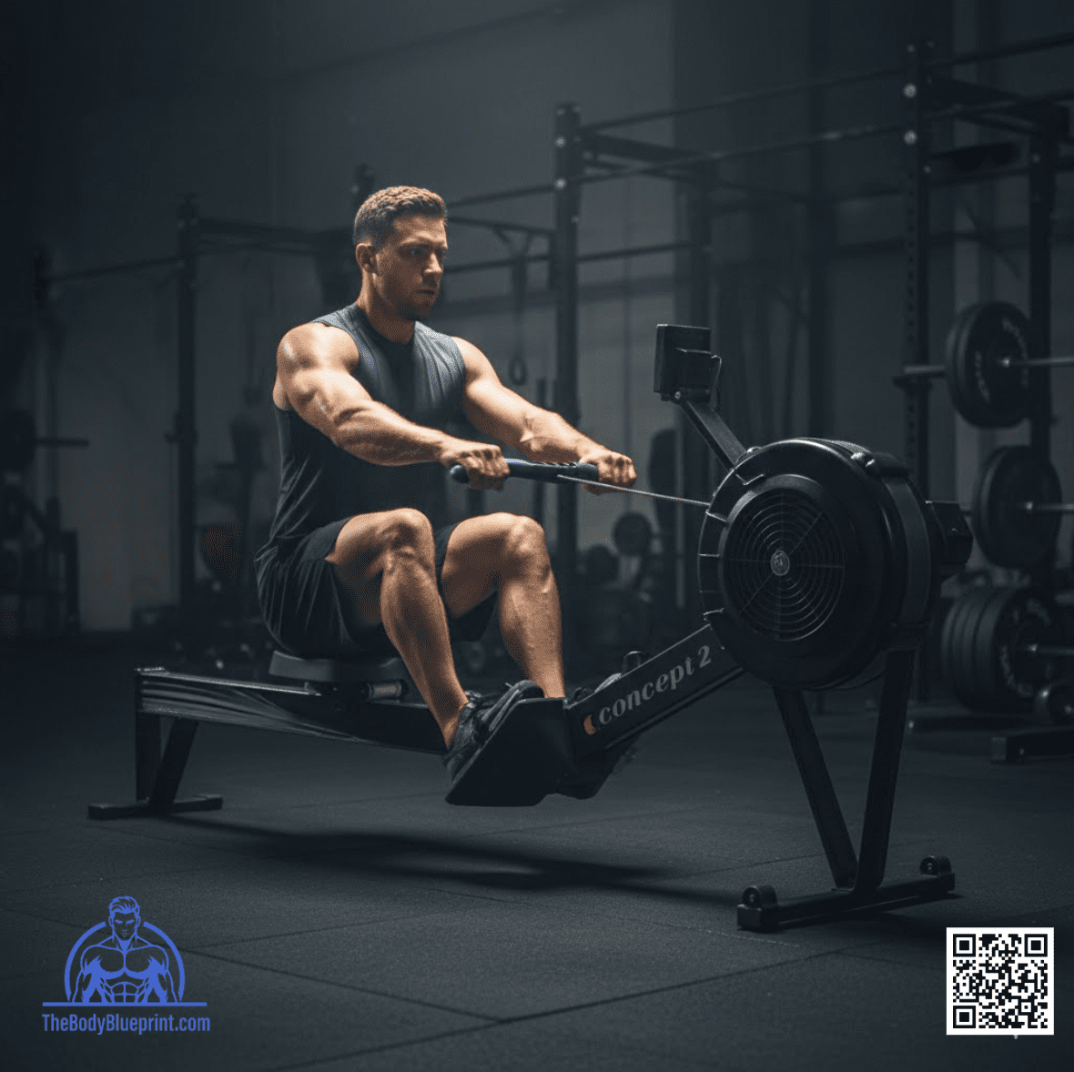 Athlete performing high-intensity intervals on the Concept2 RowErg, demonstrating powerful drive and controlled recovery during a HIIT session.