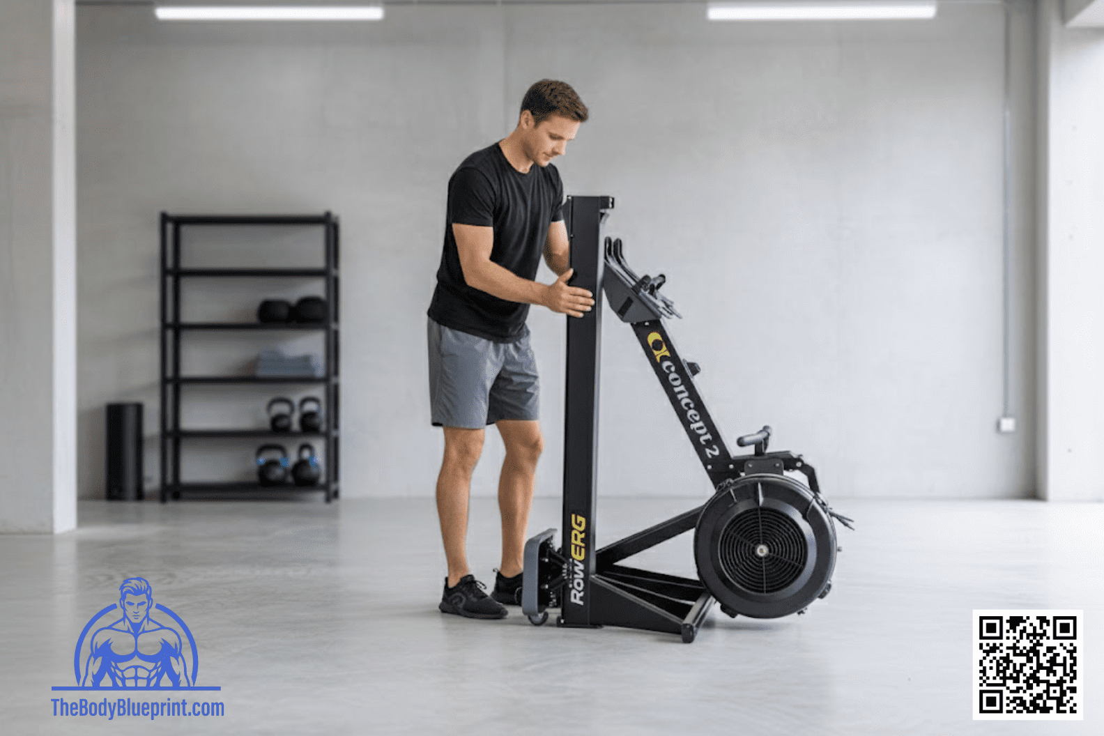 Close-up of a user utilizing the RowErg's caster wheels and monorail handle to transition the machine into a vertical storage position, illustrating the ease of movement for home gym organization.