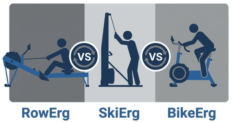 Comparative infographic of three Concept2 machines illustrating the different mechanical demands: the seated horizontal pull of the RowErg, the standing vertical hinge of the SkiErg, and the seated lower-body cadence of the BikeErg.