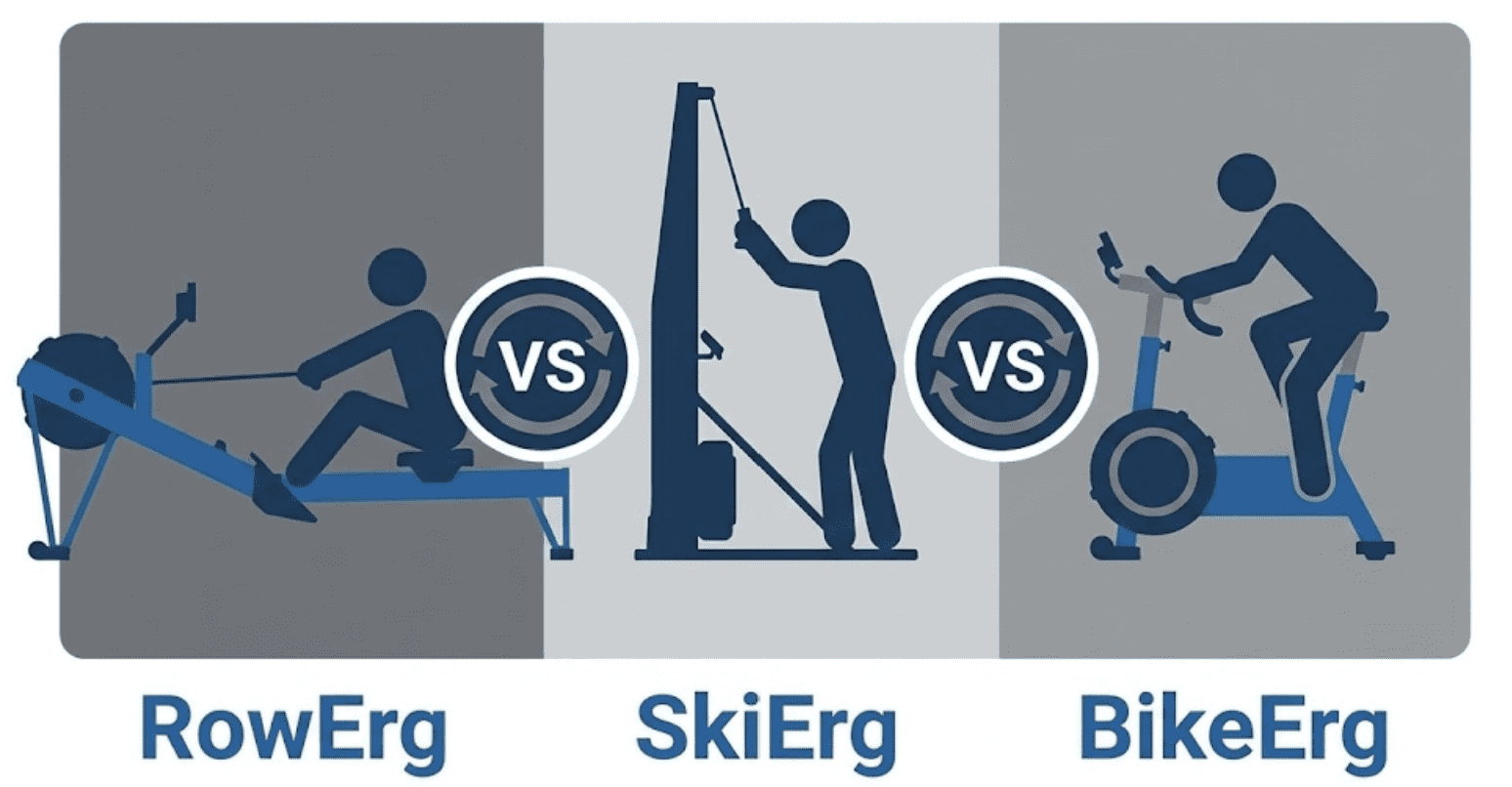 Technical diagram highlighting the contrasting movement patterns of Concept2 equipment, showing the unique biomechanical requirements of rowing, skiing, and cycling for metabolic conditioning and power development.