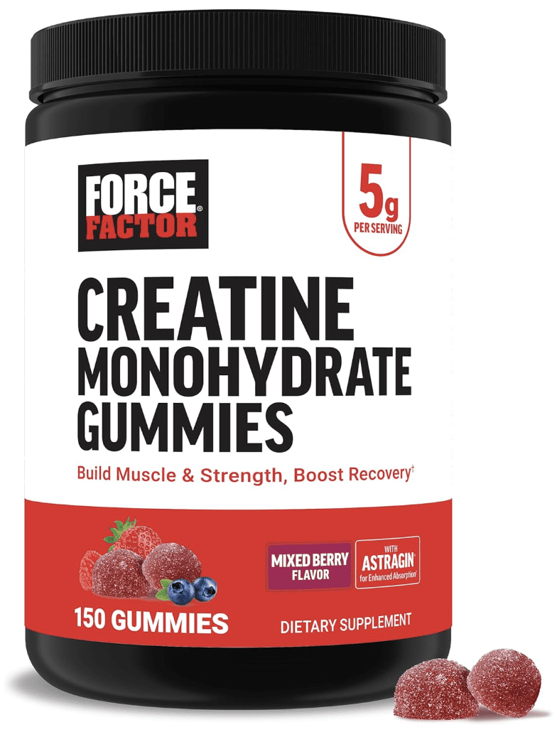 Close-up of Force Factor Creatine Gummies in the bottle, showing the gummy texture and label highlighting 5g of Creatine Monohydrate per serving.