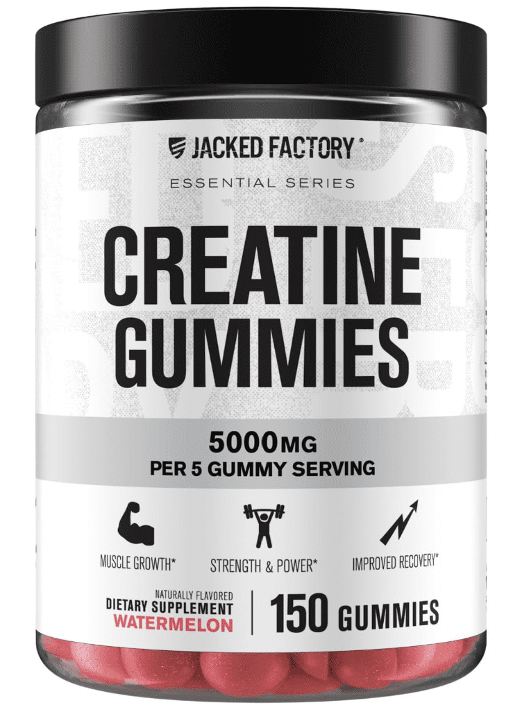 Jacked Factory Creatine Gummies package, highlighting the convenience and taste appeal for on-the-go use.