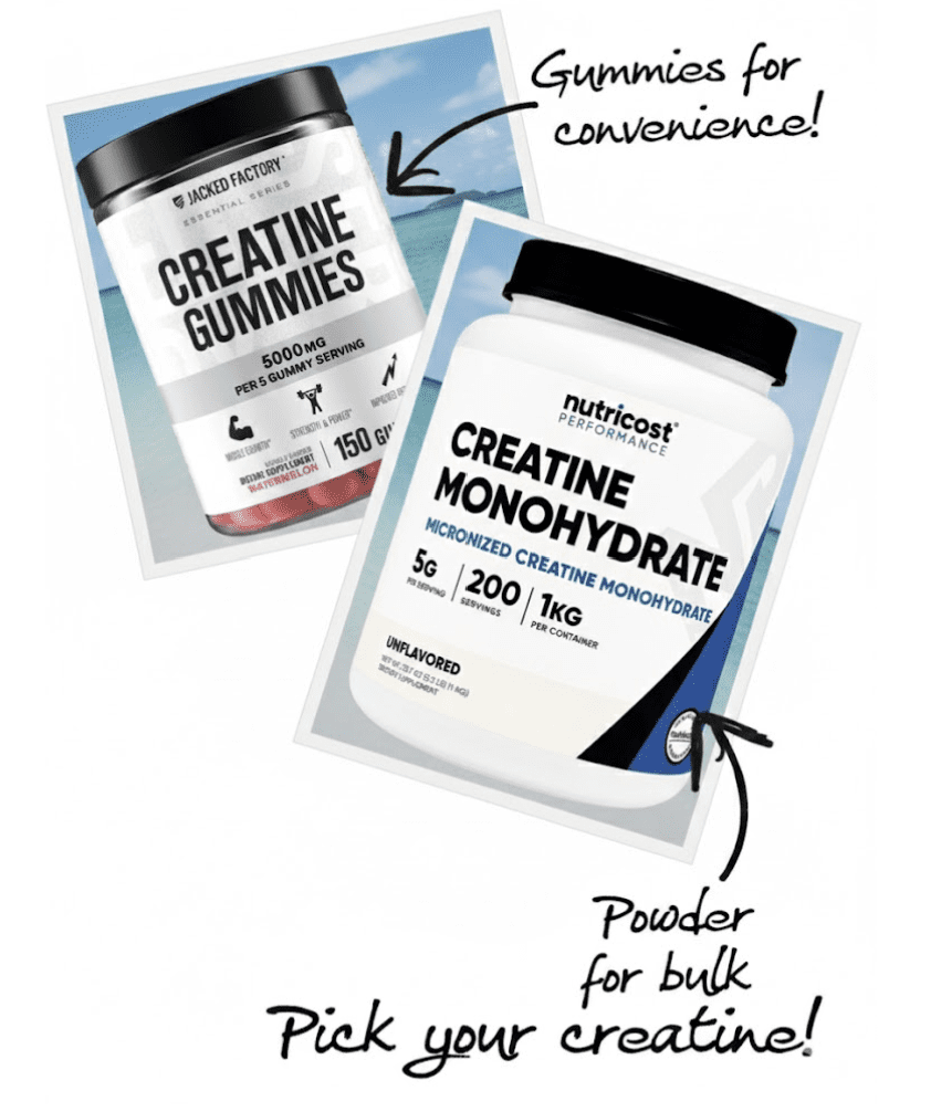 A comparison graphic featuring Jacked Factory Creatine Gummies for convenience and Nutricost Micronized Creatine Monohydrate powder for bulk value.