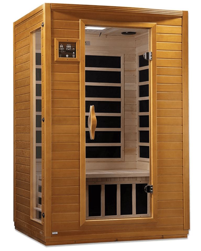 Dynamic Saunas Andora 2-person infrared sauna cabin displaying carbon heating panels and exterior digital controls, confirming compact design for home use.