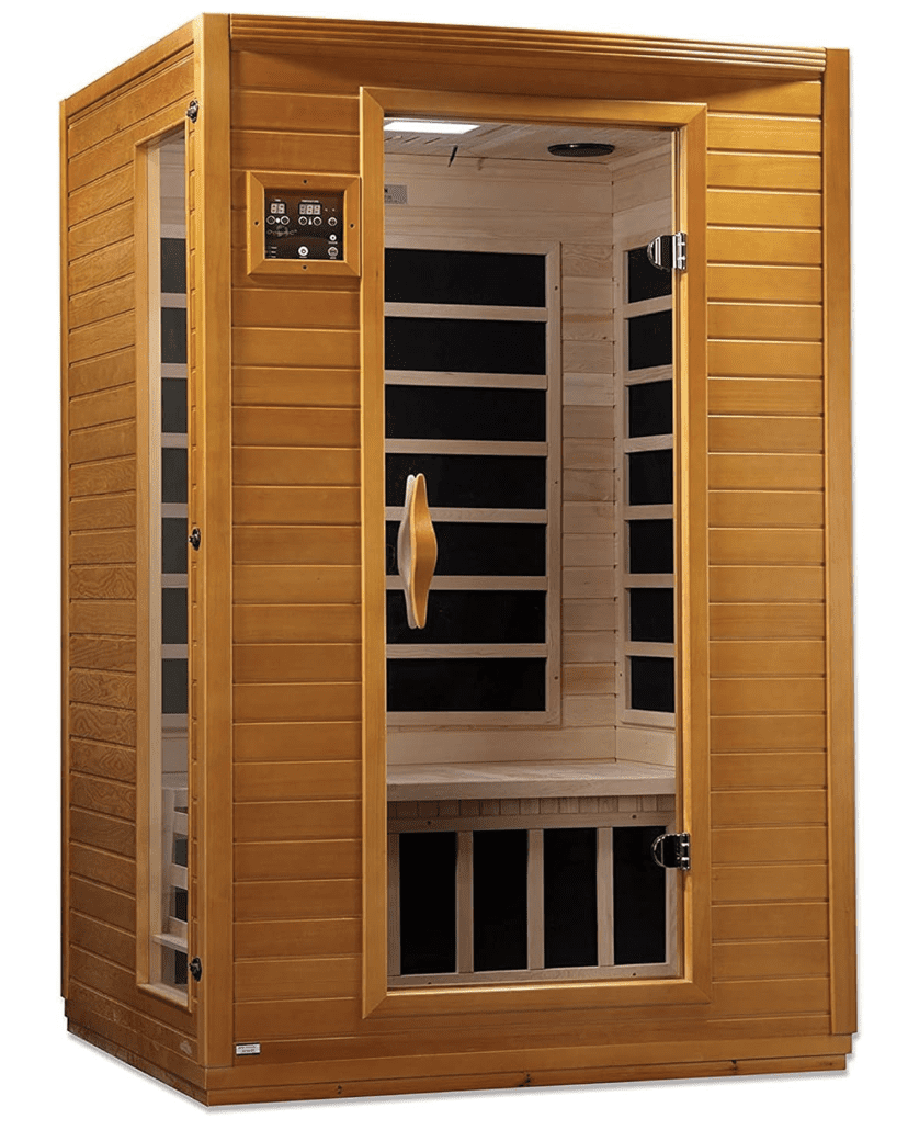 Dynamic Saunas Andora 2-Person Infrared Sauna with red light therapy panels and Bluetooth speakers, made from Canadian hemlock wood.