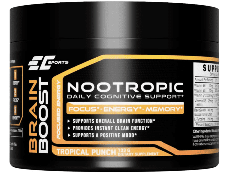 Front view of EC Sports Brain Boost Nootropic for daily cognitive support, featuring Tropical Punch flavor, 300mg BacoZest, and 200mg L-Tyrosine.