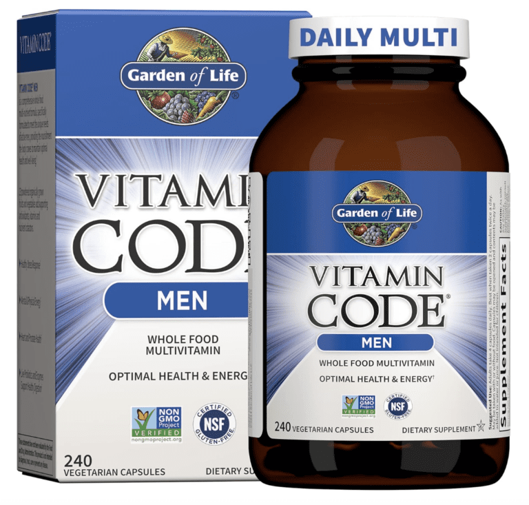 Featured product shot of Garden of Life Vitamin Code Men 240 vegetarian capsules, showcasing its raw whole-food formula, Non-GMO Project Verified seal, and Certified NSF Gluten-Free status for optimal male health and energy.