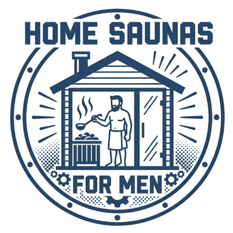 Icon for a Home Saunas For Men buyer's guide, featuring a stylized man using a traditional sauna with gear-driven design elements to represent the technical analysis of thermal recovery systems.