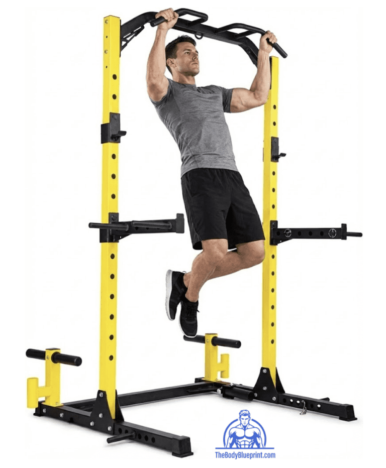 Featured product shot of the HulkFit Pro Series Squat Rack in yellow and black, demonstrating its structural stability during a pull-up and highlighting integrated dip bars, spotter arms, and plate storage pegs for a complete home strength solution.