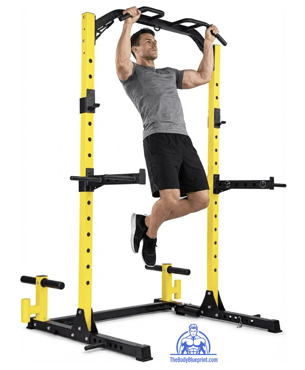 Technical view of the HulkFit Pro Series Rack highlighting the multi-grip pull-up bar, adjustable J-hooks, and heavy-duty steel base designed for progressive overload and high-capacity barbell training.