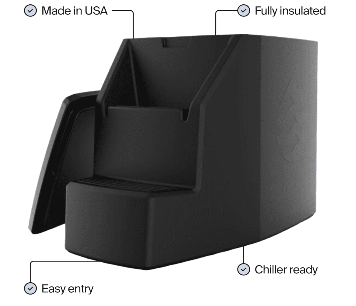 Technical profile of the Ice Barrel 500 highlighting the textured exterior, built-in seat, and heavy-duty insulation layers designed to maintain water temperatures for extended cold plunge sessions.