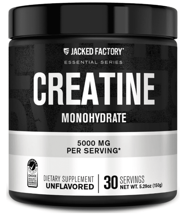 Jacked Factory Creatine Monohydrate tub showing 5000mg per serving and Informed-Choice certification badge.