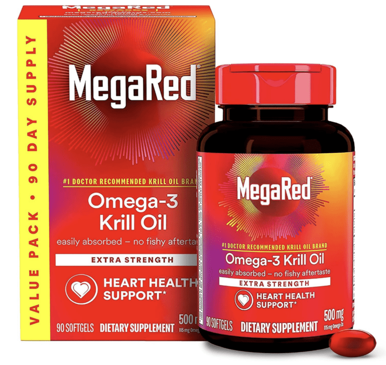 A 90-day value pack of MegaRed Extra Strength Omega-3 Krill Oil featuring a 500mg softgel bottle and box, highlighting heart health support and no fishy aftertaste.