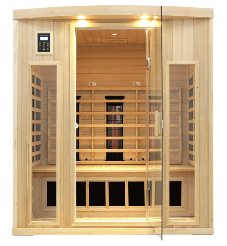 Kunsana 3-person infrared sauna with glass door and carbon heaters, displaying interior capacity and digital control panel to verify build quality.