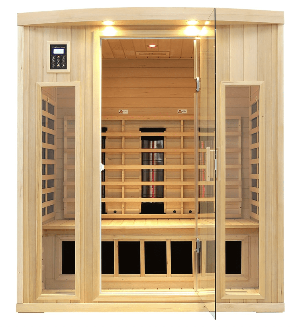 Kunsana 3 Person Infrared Sauna interior showing chromotherapy lights, hemlock wood benches, and control panel.