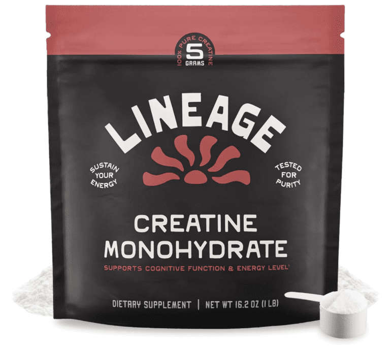 Lineage Creatine Monohydrate black pouch showing 5 grams of pure creatine per serving, purity tested badge, and serving scoop with white powder.