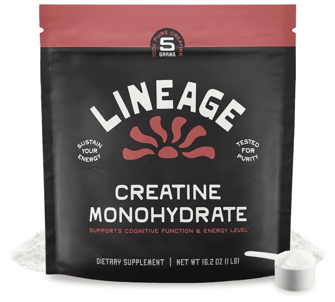 Lineage Micronized Creatine Monohydrate with Sea Salt tub, highlighting its clean, simple formula.