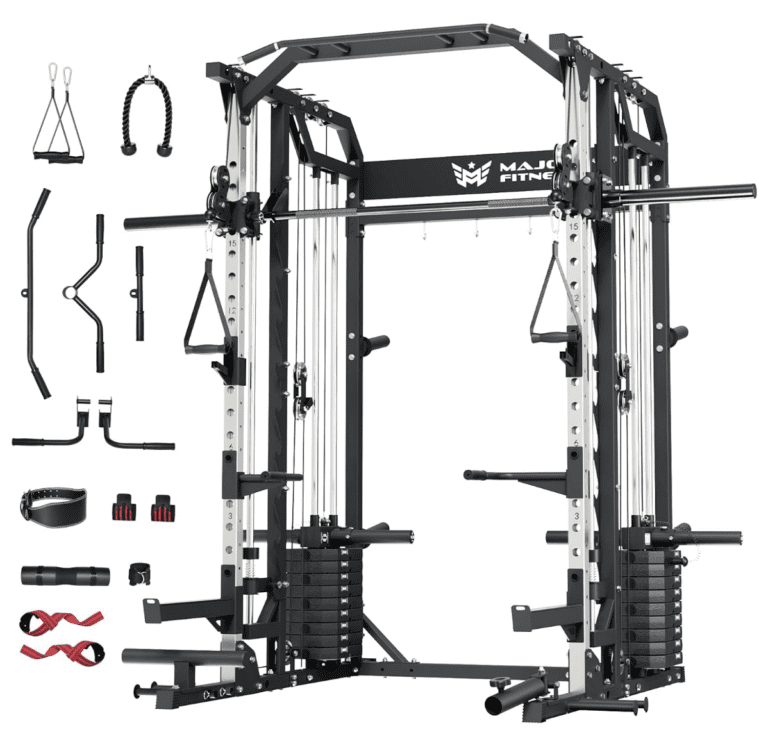 Featured technical showcase of the Major Fitness Drone2 Home Gym, illustrating the dual integrated weight stacks, Smith machine tracks, and an expansive 14-piece accessory kit including landmine, dip bars, and stirrup handles for comprehensive strength training.