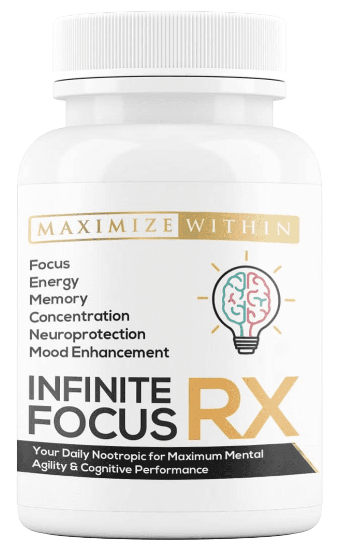 Bottle of Maximize Within Infinite Focus RX, a daily nootropic supplement for focus, energy, memory, and neuroprotection featuring a brain lightbulb logo.