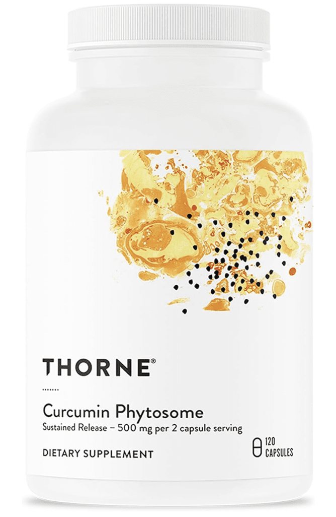 Featured product shot of Thorne Curcumin Phytosome 120-capsule bottle, highlighting its sustained-release technology and 500mg per 2-capsule serving for enhanced bioavailability and inflammatory response support.